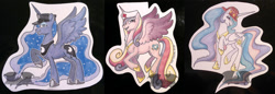 Size: 1200x415 | Tagged: safe, artist:temrin, imported from derpibooru, princess cadance, princess celestia, princess luna, grin, smiling, traditional art