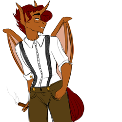 Size: 2048x2048 | Tagged: safe, artist:sarah-loves-christmas, imported from derpibooru, oc, oc only, oc:blazing ending, alicorn, anthro, alicorn oc, bat wings, casual, curved horn, male, smoking, solo