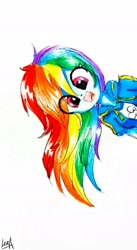 Size: 1938x3539 | Tagged: safe, artist:liaaqila, imported from derpibooru, rainbow dash, equestria girls, clothes, female, looking at you, signature, simple background, smiling, solo, traditional art, white background