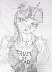 Size: 1795x2452 | Tagged: safe, artist:erenerakhard, artist:erynerikard, derpibooru exclusive, imported from derpibooru, twilight sparkle, alicorn, alternate hairstyle, blasphemy, clothes, ear piercing, eyeshadow, female, jacket, leather jacket, lined paper, makeup, piercing, solo, traditional art, twilight sparkle (alicorn)