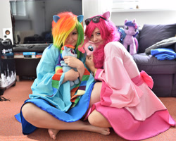 Size: 4891x3913 | Tagged: safe, artist:daseh, artist:pinkiekler, imported from derpibooru, pinkie pie, rainbow dash, twilight sparkle, human, barefoot, clothes, cosplay, costume, czequestria, feet, high res, hug, irl, irl human, photo, plushie