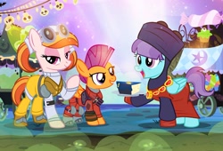 Size: 1000x679 | Tagged: safe, artist:pixelkitties, imported from derpibooru, aunt holiday, auntie lofty, scootaloo, earth pony, pegasus, pony, artist interpretation, aunt and niece, cake, cellular peptide cake (with mint frosting), clothes, cosplay, costume, couple, female, filly, food, guardians of the galaxy, halloween, hera syndulla, holiday, lesbian, lofty day, mare, nightmare night, nightmare night costume, q, shipping, star trek, star trek: the next generation, star wars, star wars rebels, trio, yondu, yondu udonta