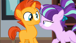 Size: 1280x720 | Tagged: safe, imported from derpibooru, screencap, starlight glimmer, sunburst, pony, uncommon bond, age regression, colt, colt sunburst, cute, female, filly, filly starlight glimmer, frown, i need an adult, lidded eyes, male, out of context, smiling, stranger danger, surprised, younger
