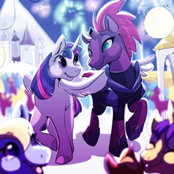 Size: 2048x2048 | Tagged: safe, artist:ariesalpinesavi, imported from derpibooru, fizzlepop berrytwist, tempest shadow, twilight sparkle, alicorn, unicorn, my little pony: the movie, canterlot, duo, female, fireworks, friendship festival, hug, lesbian, looking at each other, mare, shipping, smiling, tempestlight, twilight sparkle (alicorn), winghug