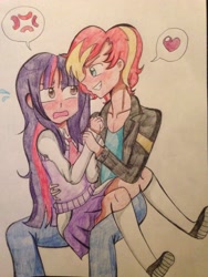 Size: 2448x3264 | Tagged: safe, artist:rainicornarts, imported from derpibooru, sunset shimmer, twilight sparkle, human, equestria girls, blushing, clothes, duo, equestria guys, female, half r63 shipping, heart, humanized, long hair, looking at each other, male, open mouth, rule 63, shipping, sitting on lap, skirt, smiling, straight, sunset glare, sunsetsparkle, traditional art, twiglare