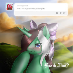 Size: 1500x1500 | Tagged: safe, artist:lilith, deleted from derpibooru, imported from derpibooru, oc, oc only, oc:peppermint pattie, unicorn, bow, solo, sunset, tumblr