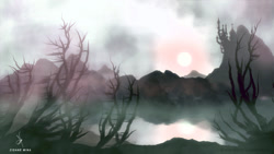 Size: 1280x720 | Tagged: safe, artist:zidanemina, imported from derpibooru, canterlot, cloud, dead tree, lake, no pony, scenery, sun, tree