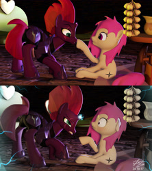 Size: 3500x3936 | Tagged: safe, artist:azerta56, derpibooru exclusive, imported from derpibooru, tempest shadow, oc, oc:mystery hyperpurple, my little pony: the movie, 3d, angry, blushing, boop, boop denied, broken horn, comic, duo, eye scar, female, floppy ears, glowing horn, magic, scar, scared, source filmmaker, sparking horn, this will end in death, this will end in pain, you dun goofed