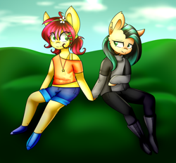 Size: 2155x2000 | Tagged: safe, artist:despotshy, imported from derpibooru, oc, oc only, oc:lil happiness, oc:lil sadness, anthro, earth pony, plantigrade anthro, clothes, digital art, duo, female, high res, mare, not shipping, sisters, sitting