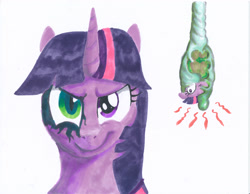 Size: 3292x2552 | Tagged: safe, artist:friendshipishorses, imported from derpibooru, queen chrysalis, twilight sparkle, changeling, changeling queen, pony, cocoon, disguise, disguised changeling, fake twilight, female, high res, simple background, white background
