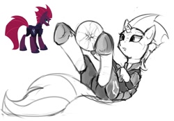Size: 967x674 | Tagged: safe, artist:tetrapony, imported from derpibooru, tempest shadow, my little pony: the movie, armor, clothes, horseshoes, obsidian orb, on back, open mouth, orb, simple background, sketch, white background