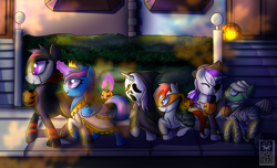 Size: 2800x1700 | Tagged: safe, artist:elmutanto, imported from derpibooru, sweetie belle, oc, oc only, oc:dazzling gem, oc:emerald symphony, oc:raribot jr, oc:robobloom, oc:sapphire sky, alicorn, robot, alicorn oc, brother and sisters, clothes, commission, costume, eyepatch, family, female, halloween, holiday, jack-o-lantern, mouth hold, mummy, night, pumpkin, pumpkin bucket, raribot family, screaming, sisters, sweetie bot, teenage mutant ninja turtles, walking