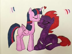 Size: 1779x1330 | Tagged: safe, artist:flight-of-the-moon, deleted from derpibooru, imported from derpibooru, fizzlepop berrytwist, tempest shadow, twilight sparkle, alicorn, my little pony: the movie, eyes closed, female, forehead kiss, kissing, lesbian, missing cutie mark, shipping, tempestlight, traditional art, twilight sparkle (alicorn)