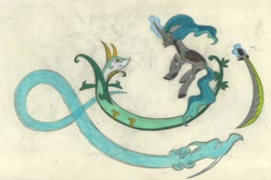 Size: 2217x1468 | Tagged: safe, artist:smcho1014, deleted from derpibooru, imported from derpibooru, mistmane, cyborg, dragon, pony, serpent, serperior, unicorn, colored pencil drawing, crossover, curved horn, dragon spirit, ethereal mane, female, genji (overwatch), magic, magic aura, mare, overwatch, pokémon, ponified, sword, telekinesis, traditional art, trio, weapon