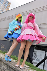 Size: 4000x6000 | Tagged: safe, artist:daseh, artist:pinkiekler, imported from derpibooru, pinkie pie, rainbow dash, human, absurd resolution, clothes, cosplay, costume, high heels, irl, irl human, kimono (clothing), photo, shoes