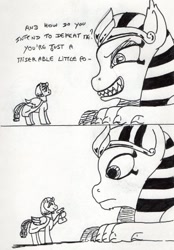 Size: 612x878 | Tagged: safe, artist:kuroneko, derpibooru exclusive, imported from derpibooru, somnambula, sphinx (character), pegasus, pony, sphinx, black and white, grayscale, monochrome, simple background, spray bottle, white background