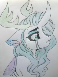 Size: 1024x1357 | Tagged: safe, artist:evergreen-gemdust, imported from derpibooru, queen chrysalis, changedling, bust, crying, female, portrait, purified chrysalis, solo, traditional art, watermark