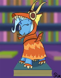 Size: 1223x1556 | Tagged: safe, artist:reflex-pony, imported from derpibooru, trixie, dragon, pony, uncommon bond, clothes, costume, female, grin, looking at you, mare, one eye closed, smiling, solo, wink