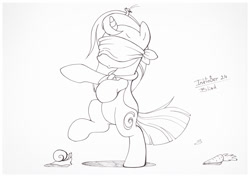Size: 1073x759 | Tagged: safe, artist:sherwoodwhisper, imported from derpibooru, oc, oc only, oc:eri, mouse, pony, snail, unicorn, bipedal, blindfold, blindfolded, cape, carrot, clothes, female, filly, food, monochrome, solo, traditional art, walking