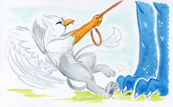 Size: 1609x1000 | Tagged: safe, artist:justasuta, imported from derpibooru, oc, oc only, oc:der, oc:nyama, dragon, griffon, leash, male, micro, paw pads, pulling, quadrupedal