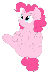 Size: 1168x1698 | Tagged: safe, artist:onlytheponies, artist:php66, deleted from derpibooru, imported from derpibooru, pinkie pie, belly button, chest fluff, dock, featureless crotch, lip bite, simple background, sitting, solo, spread legs, spreading, white background
