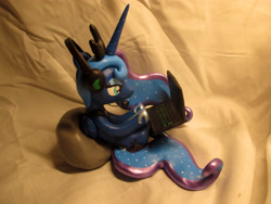 Size: 4608x3456 | Tagged: safe, artist:earthenpony, imported from derpibooru, princess luna, pony, gamer luna, computer, craft, female, headphones, high res, laptop computer, photo, sculpture, solo, traditional art