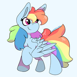 Size: 1080x1080 | Tagged: safe, artist:crumpetcatto, imported from derpibooru, rainbow dash, pegasus, pony, female, looking back, mare, raised hoof, signature, simple background, smiling, solo, starry eyes, wingding eyes