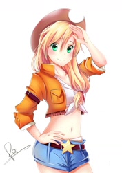 Size: 1024x1448 | Tagged: safe, artist:kimikirakiro, imported from derpibooru, applejack, human, anime, belly button, blushing, clothes, cowboy hat, female, front knot midriff, hand on hip, hat, humanized, looking at you, midriff, no more ponies at source, shorts, signature, simple background, smiling, solo, stetson, white background