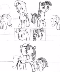 Size: 2411x2850 | Tagged: safe, artist:someguy458, imported from derpibooru, applejack, pinkie pie, trixie, twilight sparkle, alicorn, female, lesbian, shipping, sketch, traditional art, twilight sparkle (alicorn), twixie