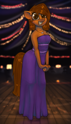 Size: 1249x2182 | Tagged: safe, artist:marsminer, imported from derpibooru, oc, oc only, oc:venus spring, anthro, braces, clothes, cute, dress, female, jewelry, necklace, prom, smiling, solo, strapless, venus spring actually having a pretty good time