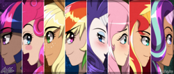 Size: 4200x1800 | Tagged: safe, artist:aloubell, imported from derpibooru, applejack, fluttershy, pinkie pie, rainbow dash, rarity, starlight glimmer, sunset shimmer, twilight sparkle, human, absurd resolution, anime, horned humanization, human coloration, humanized, mane six