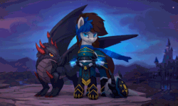 Size: 950x569 | Tagged: safe, artist:rodrigues404, imported from derpibooru, oc, oc only, oc:artleck shredder, dragon, animated, armor, cinemagraph, commission, female, gif, looking at you, mare