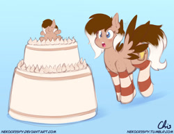 Size: 1024x791 | Tagged: safe, artist:nekocrispy, imported from derpibooru, oc, oc only, oc:cinnamon toast, original species, pegasus, plush pony, pony, cake, clothes, female, food, mare, socks, solo, stockings, striped socks, thigh highs