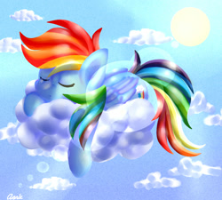 Size: 2000x1800 | Tagged: safe, artist:dashiekawaii145, imported from derpibooru, rainbow dash, bubble, cloud, cloudy, cute, eyes closed, female, sky, sleeping, solo, sun