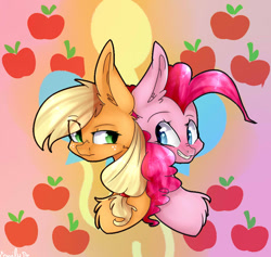 Size: 900x854 | Tagged: safe, artist:emily-826, imported from derpibooru, applejack, pinkie pie, earth pony, pony, apple, applepie, back to back, bust, chest fluff, cutie mark, female, food, freckles, lesbian, looking at each other, missing accessory, portrait, shipping, smiling