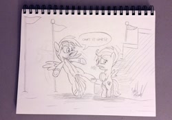 Size: 1100x768 | Tagged: safe, artist:fuzon-s, imported from derpibooru, rainbow dash, scootaloo, clothes, monochrome, need to pee, omorashi, potty dance, potty emergency, potty time, request, requested art, traditional art, trotting in place, uniform, wonderbolts, wonderbolts uniform