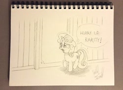 Size: 1024x747 | Tagged: safe, artist:fuzon-s, imported from derpibooru, sweetie belle, bathroom, desperation, female, need to pee, omorashi, potty dance, potty emergency, potty time, request, requested art, sketch, solo, traditional art, trotting, trotting in place