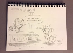 Size: 1101x810 | Tagged: safe, artist:fuzon-s, imported from derpibooru, apple bloom, applejack, covering crotch, desperation, need to pee, omorashi, potty dance, potty emergency, potty time, request, requested art, sketch, traditional art, trotting, trotting in place