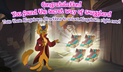 Size: 773x452 | Tagged: safe, imported from derpibooru, capper dapperpaws, abyssinian, anthro, cat, digitigrade anthro, my little pony: the movie, chest fluff, clothes, coat, congratulation, congratulations, engrish, gameloft, gameloft shenanigans, male, misspelling, solo