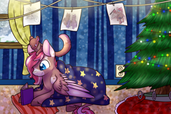 Size: 3000x2000 | Tagged: safe, artist:cloureed, imported from derpibooru, oc, oc only, oc:ace, oc:strawberry breeze, mink, pegasus, pony, book, christmas, christmas tree, holiday, snow, tree