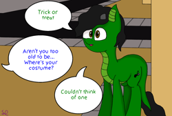 Size: 1280x859 | Tagged: safe, artist:sketchlines, imported from derpibooru, oc, oc only, dracony, hybrid, halloween, happy halloween, holiday, no costume, offscreen character, solo, speech bubble, trick or treat