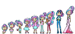 Size: 1385x627 | Tagged: safe, artist:obeliskgirljohanny, imported from derpibooru, princess flurry heart, human, adult, age progression, baby, braces, child, clipboard, clothes, flower, grown, humanized, jewelry, lidded eyes, lipstick, looking at you, looking up, microphone, older, older flurry heart, open mouth, teenager, tiara, timeline, toddler, uniform, wonderbolts, wonderbolts uniform