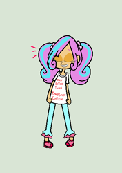 Size: 432x610 | Tagged: safe, artist:obeliskgirljohanny, imported from derpibooru, princess flurry heart, human, braces, clothes, eyes closed, female, humanized, pigtails, reference sheet, shirt, smiling, solo, t-shirt, twilight (series)