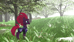 Size: 2493x1403 | Tagged: safe, artist:adorveya, imported from derpibooru, tempest shadow, pony, unicorn, my little pony: the movie, 3d, armor, broken horn, eye scar, female, mare, plant, scar, solo, source filmmaker, sunset, tree