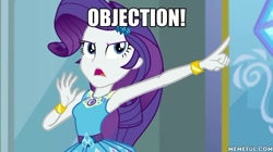 Size: 600x337 | Tagged: safe, edit, edited screencap, imported from derpibooru, screencap, rarity, equestria girls, equestria girls series, ace attorney, armpits, arms in the air, clothes, dress, female, geode of shielding, hands in the air, image macro, magical geodes, meme, memeful.com, objection, pointing, rarity peplum dress, reference, sleeveless, sleeveless dress, solo