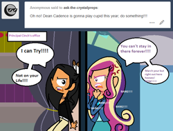 Size: 640x486 | Tagged: safe, artist:ask-the-crystalpreps, artist:obeliskgirljohanny, imported from derpibooru, chief thunderhooves, princess cadance, human, equestria girls, angry, banging, crystal prep academy, dean cadance, humanized, native american, tumblr, tumblr post