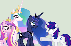 Size: 1024x673 | Tagged: safe, artist:lost-our-dreams, imported from derpibooru, princess cadance, princess celestia, princess luna, oc, oc:midnight shine, pony, unicorn, female, mare, offspring, parent:flash sentry, parent:twilight sparkle, parents:flashlight