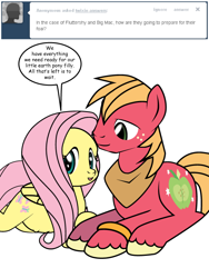 Size: 600x800 | Tagged: safe, artist:dekomaru, imported from derpibooru, big macintosh, fluttershy, pony, tumblr:ask twixie, ask, female, fluttermac, male, pregnant, prone, shipping, straight, tumblr