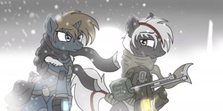 Size: 2000x1000 | Tagged: dead source, source needed, useless source url, safe, artist:whitepone, imported from derpibooru, oc, oc only, earth pony, pony, unicorn, fallout equestria, gun, magical lesbian spawn, offspring, parent:oc:calamity, parent:oc:homage, parent:oc:littlepip, parent:oc:velvet remedy, snow, snowfall, weapon