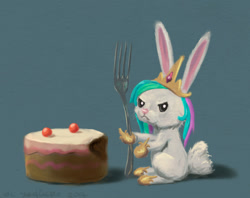 Size: 997x788 | Tagged: safe, artist:el-yeguero, imported from derpibooru, angel bunny, princess celestia, ambiguous gender, angel bunny is not amused, angel is not amused, angelestia, cake, cakelestia, clothes, costume, food, fork, madorable, solo, unamused